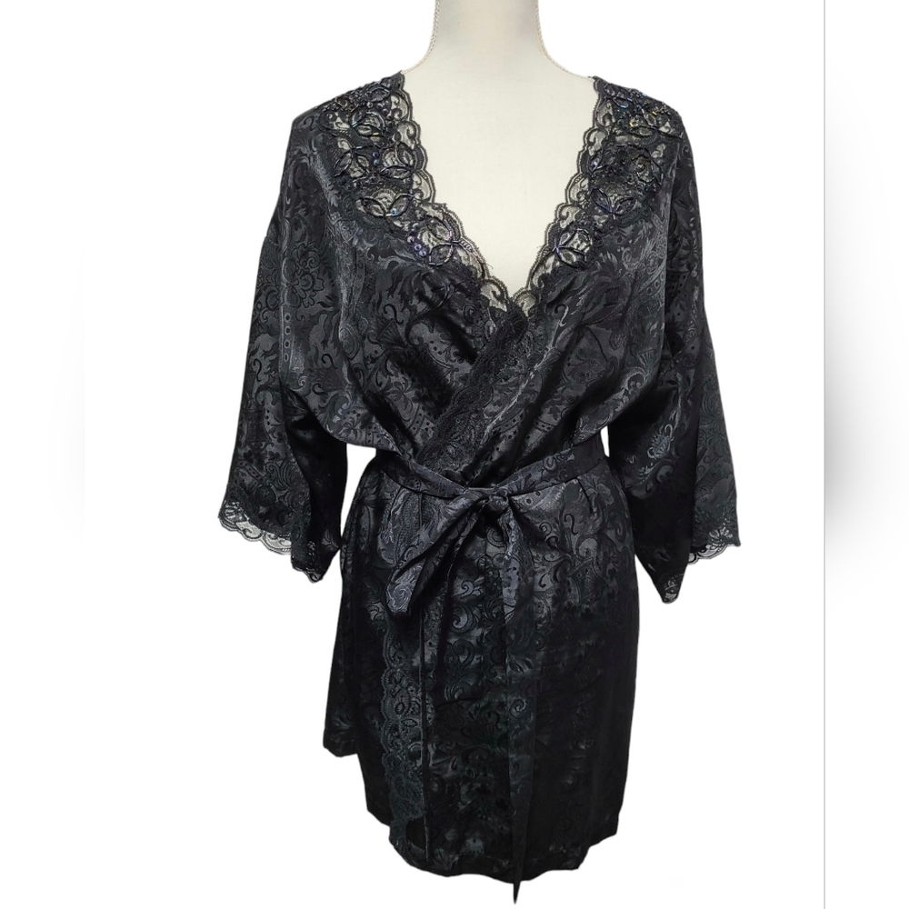 Vintage Victoria's Secret 1990s sexy black beaded lace tie-waist robe